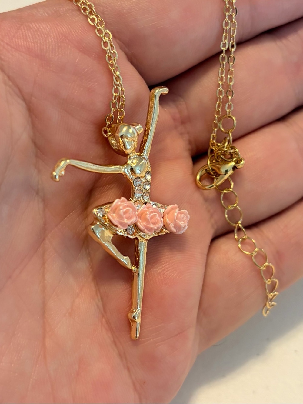 Gold Ballet Pink Floral Dancer Necklace. - Picture 3 of 7